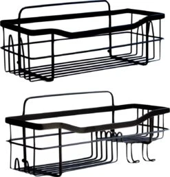 STRICX Doucherek 2 Laags Zwart - Zelfklevend Doucherek Inclusief 3 Ophanghaakjes - Doucherek Voor Badkamer / Keuken - Doucherek Met Plakstrip - Keukenrek Met Plakstrip - Badrek Douche - Kruidenrek Specerijen - Badkamerrek Douchemandje -Thuis Badkamer 1150x1200