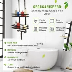 Doucherek Zonder Boren Inclusief Douchewisser - Aan Douchewand - Zwart - Ophangbaar - Zuignap - 2 Laags - Wiper - Shower Rack - Valentijnsdag Cadeau -Thuis Badkamer 1198x1200