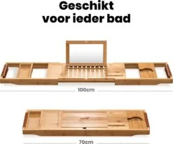 RelaxTub® Badplank - Badplank Voor In Bad - Badrek - Verstelbaar - Anti Slip - Badplank Bamboe - Badplank Hout - Badrekje Inclusief Boekenhouder, Tablethouder & Spiegel -Thuis Badkamer 1200x1002