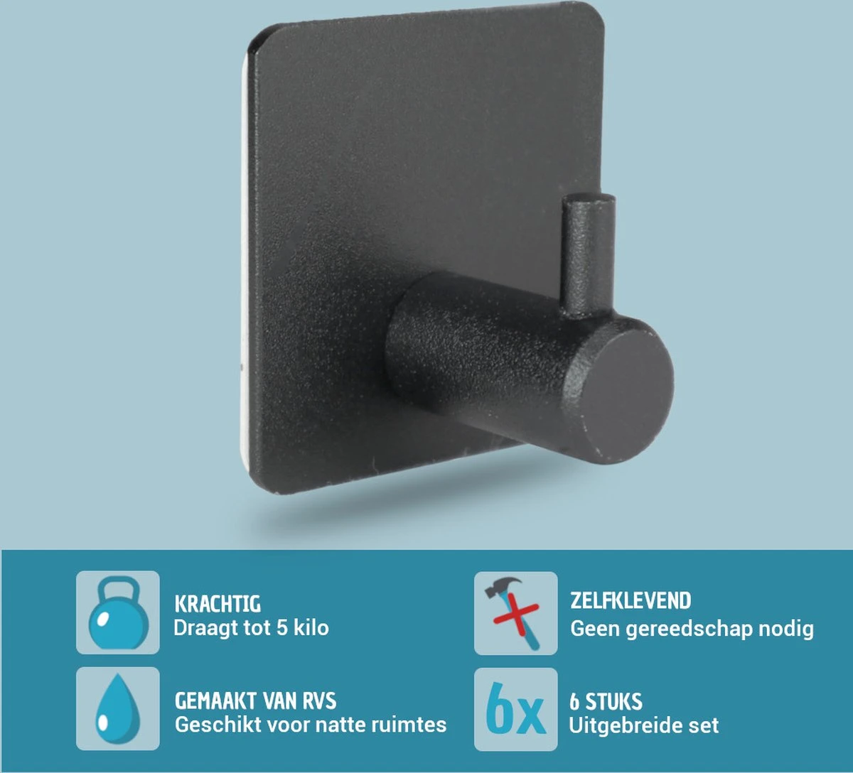 Vannons - Handdoekhaakjes - Zelfklevende Haakjes - Set Van 6 Haakjes - RVS - Zwart 6 Vannons - Handdoekhaakjes - Zelfklevende Haakjes - Set Van 6 Haakjes - RVS - Zwart - Afbeelding 4