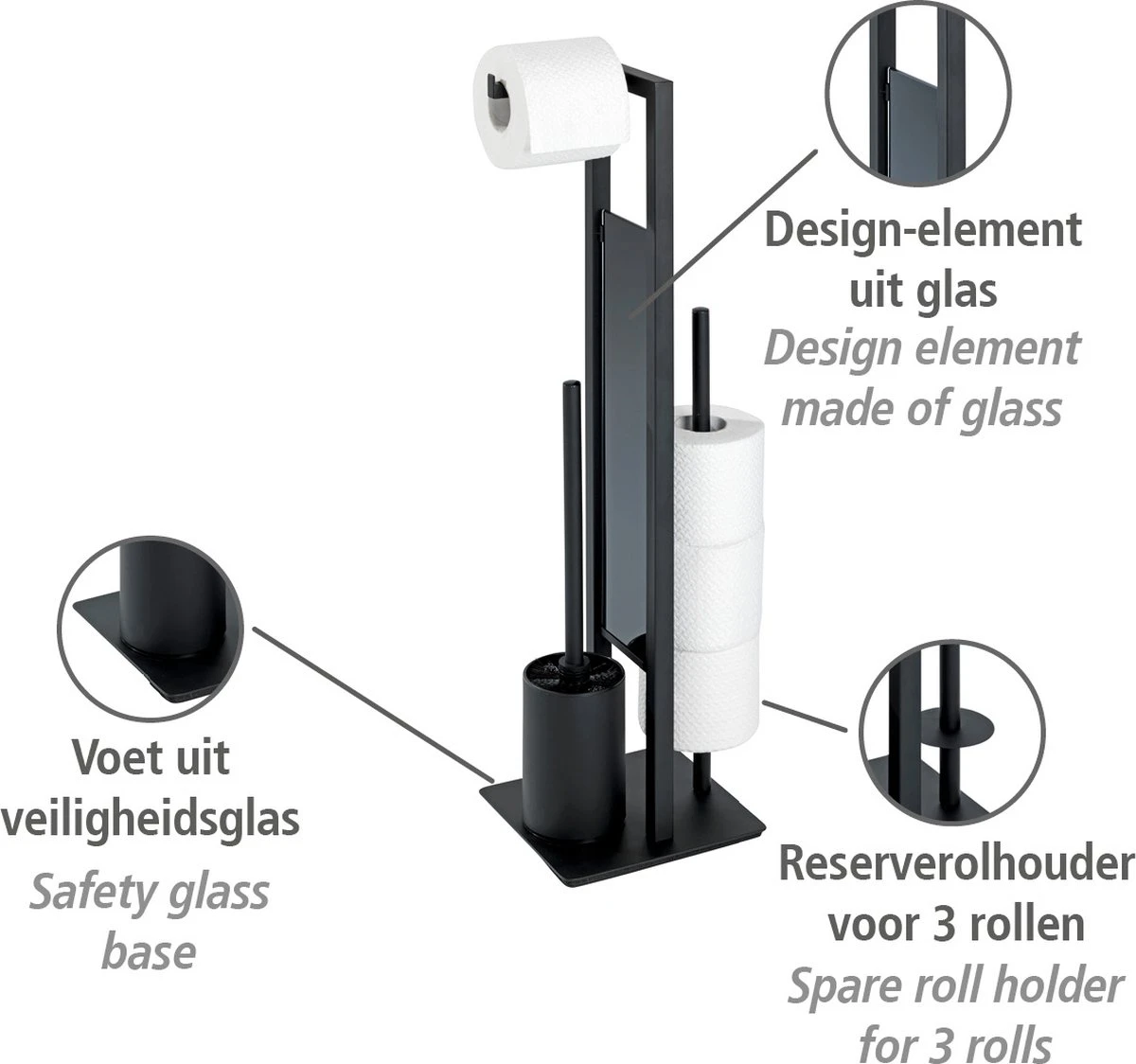 WENKO Toiletbutler Rivalta Zwart - Toiletborstel Met Houder, Toiletrolhouder En Reserverolhouder 8 WENKO Toiletbutler Rivalta Zwart - Toiletborstel Met Houder, Toiletrolhouder En Reserverolhouder - Afbeelding 6