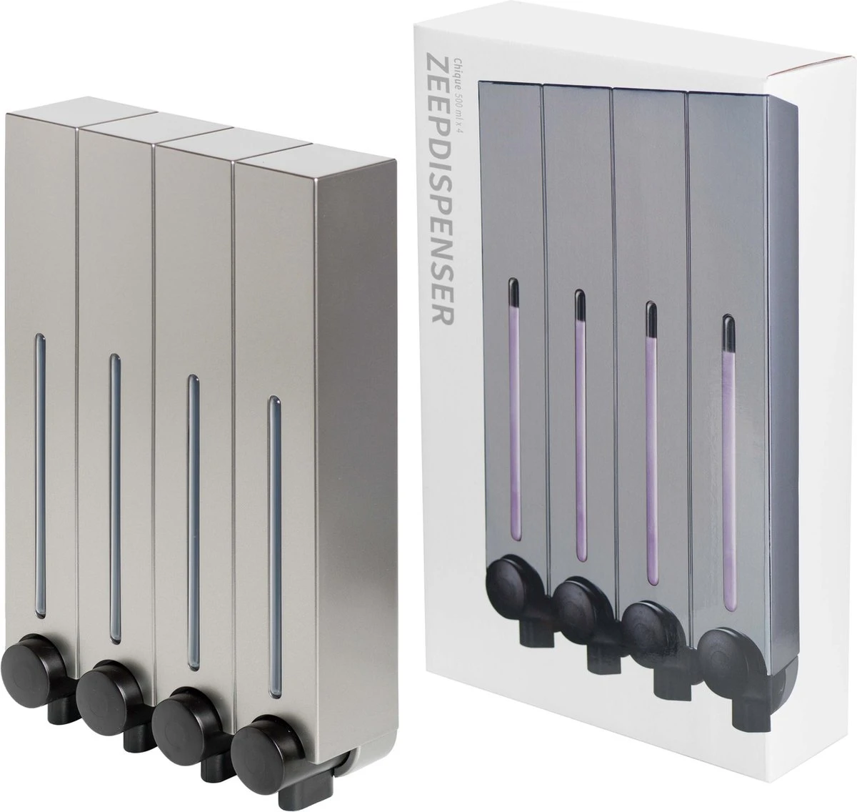 Aquathof, Zeepdispenser, RVS Kleur, 4 Kamer, 4 Reservoirs, 4x500ml, Hangend - Wandmontage 4 Aquathof, Zeepdispenser, RVS Kleur, 4 Kamer, 4 Reservoirs, 4x500ml, Hangend - Wandmontage - Afbeelding 2