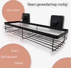 Merkloos Zelfklevend Zwart Doucherek - Ophangbaar Badrek Met Zuignap - Hangend Badkamer Rekje - Douchemandje Voor Muur/Wand Bevestiging