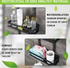 Doucherek Zonder Boren Inclusief Douchewisser - Aan Douchewand - Zwart - Ophangbaar - Zuignap - 2 Laags - Wiper - Shower Rack - Valentijnsdag Cadeau -Thuis Badkamer 1200x1165