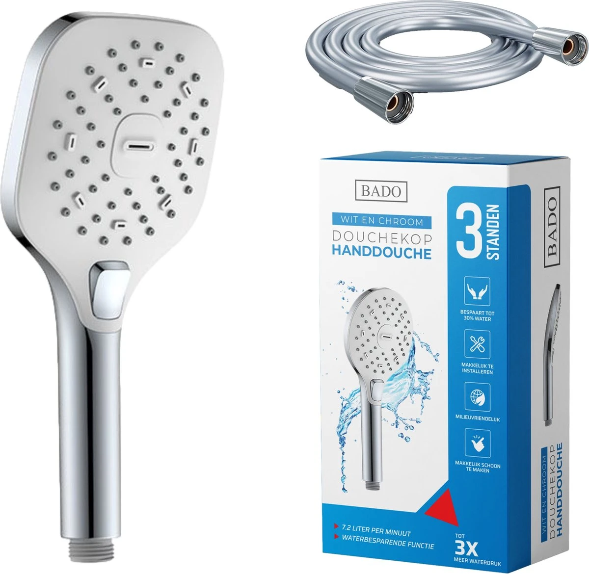 BADO Douchekop Met Slang - Handdouche - Douchekop - Waterbesparend - Doucheslang - Chroom 2 BADO Douchekop Met Slang - Handdouche - Douchekop - Waterbesparend - Doucheslang - Chroom