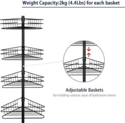 SensaHome Telescopisch Douche Rek Met 4 Lagen - Verstelbaar Bad / Douche Hoekrek Opbergrek - Uitschuifbaar Van 145-250 Cm - Zwart -Thuis Badkamer 1200x1174