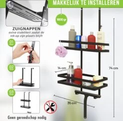 Doucherek Zonder Boren Inclusief Douchewisser - Aan Douchewand - Zwart - Ophangbaar - Zuignap - 2 Laags - Wiper - Shower Rack - Valentijnsdag Cadeau -Thuis Badkamer 1200x1175