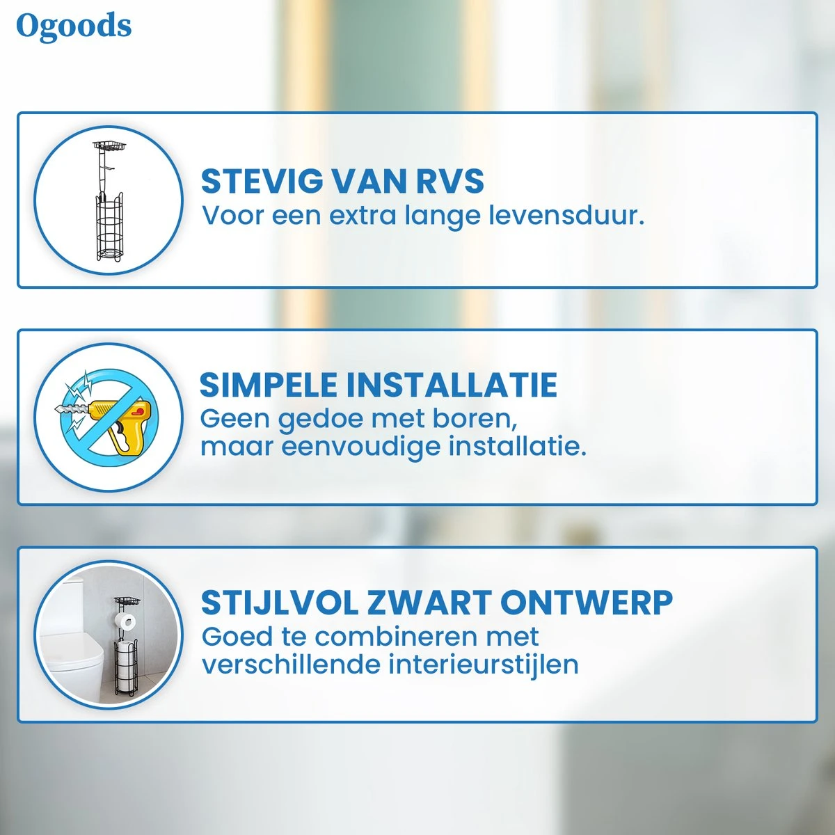 Ogoods Praktische WC Rolhouder – RVS Toiletrolhouder Staand – Rolhouder – Zonder Boren - Toiletrolstandaard - Zwart 5 Ogoods Praktische WC Rolhouder – RVS Toiletrolhouder Staand – Rolhouder – Zonder Boren - Toiletrolstandaard - Zwart - Afbeelding 3