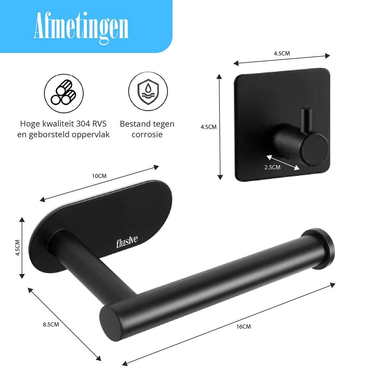 Flusive Toiletrolhouder Met 4 Handdoekhaakjes - Wc Rolhouder - Zelfklevend Zonder Boren - RVS - Zwart 4 Flusive Toiletrolhouder Met 4 Handdoekhaakjes - Wc Rolhouder - Zelfklevend Zonder Boren - RVS - Zwart - Afbeelding 2