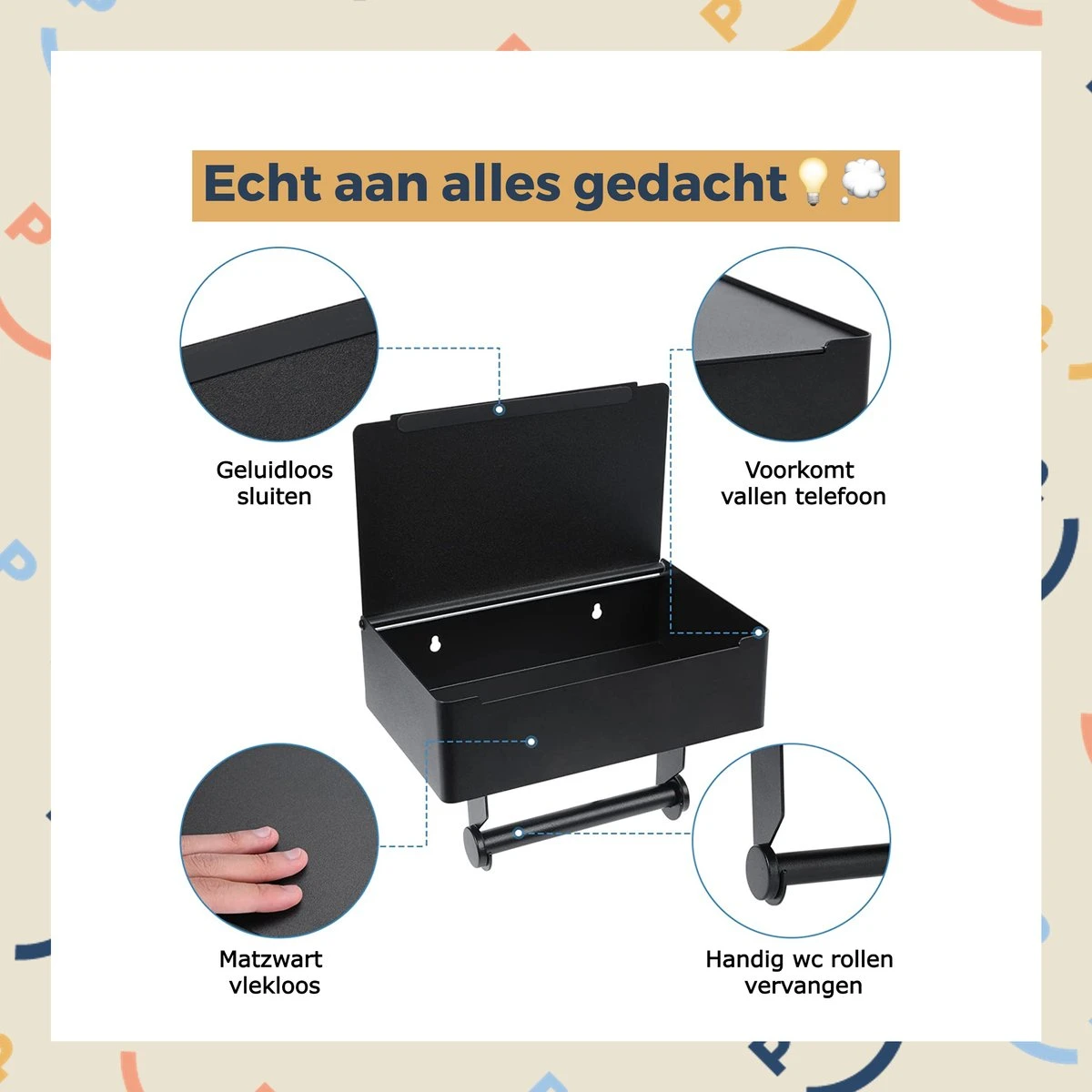 Toiletrolhouder Zwart Met Plankje En Bakje - Zonder Boren - Wc Rolhouder Zelfklevend - Inclusief Extra Handdoekhaak 6 Toiletrolhouder Zwart Met Plankje En Bakje - Zonder Boren - Wc Rolhouder Zelfklevend - Inclusief Extra Handdoekhaak - Afbeelding 4