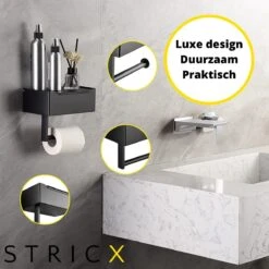 STRICX Toiletrolhouder - Zwart - Zonder Boren - Toilet Rol Houder Tissuebox - Zelfklevend - WC Rolhouder Met Opbergvak Voor Babydoekjes - Met Plankje - Toiletaccessoires -Thuis Badkamer 1200x1200 1571