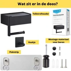 STRICX Toiletrolhouder - Zwart - Zonder Boren - Toilet Rol Houder Tissuebox - Zelfklevend - WC Rolhouder Met Opbergvak Voor Babydoekjes - Met Plankje - Toiletaccessoires -Thuis Badkamer 1200x1200 1572