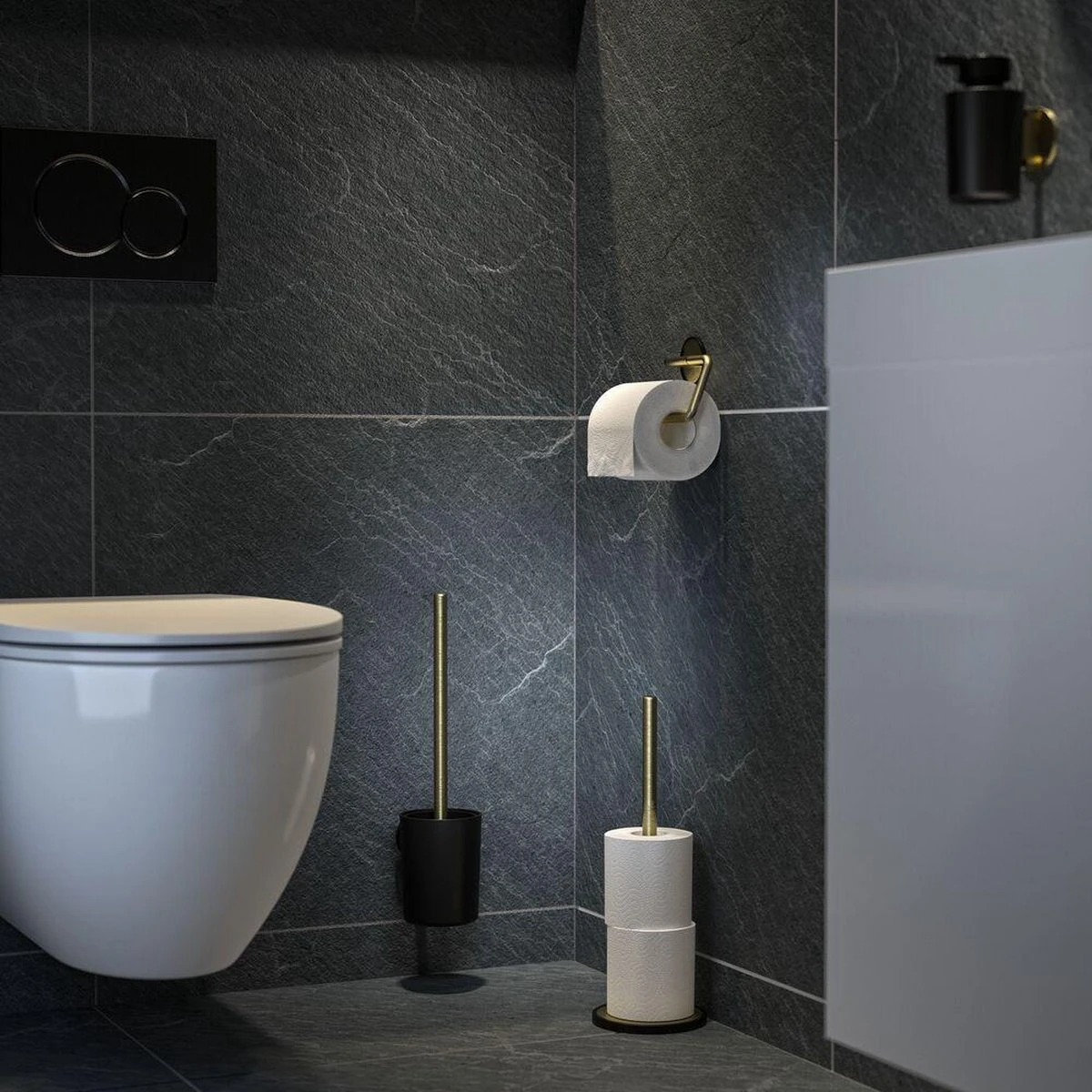 Tiger Tune - Reserverolhouder Vrijstaand - Messing Geborsteld / Zwart 6 Tiger Tune - Reserverolhouder Vrijstaand - Messing Geborsteld / Zwart - Afbeelding 4