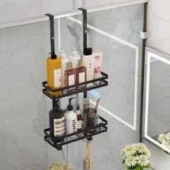 Doucherek Zonder Boren Inclusief Douchewisser - Aan Douchewand - Zwart - Ophangbaar - Zuignap - 2 Laags - Wiper - Shower Rack - Valentijnsdag Cadeau -Thuis Badkamer 1200x1200 1872
