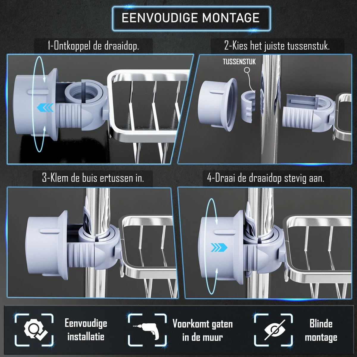 Nolad® - Doucherek Hangend - Doucherek Zonder Boren - Keukenrek - Gootsteen Organizer - Badkamer Accessoires - Zilver 8 Nolad® - Doucherek Hangend - Doucherek Zonder Boren - Keukenrek - Gootsteen Organizer - Badkamer Accessoires - Zilver - Afbeelding 6