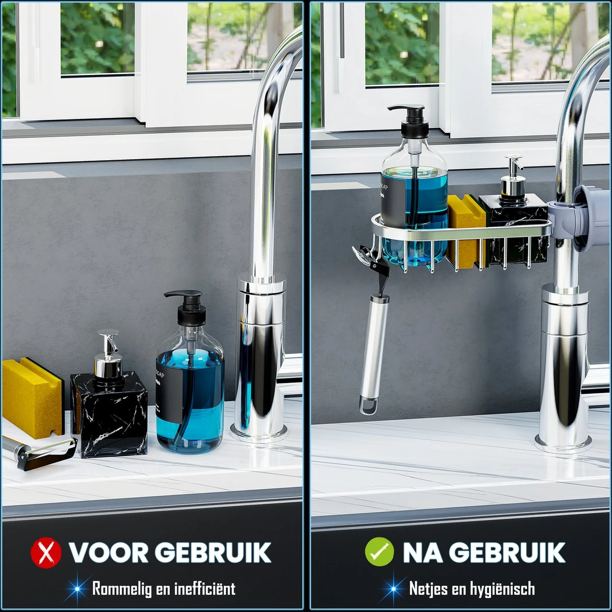 Nolad® - Doucherek Hangend - Doucherek Zonder Boren - Keukenrek - Gootsteen Organizer - Badkamer Accessoires - Zilver 10 Nolad® - Doucherek Hangend - Doucherek Zonder Boren - Keukenrek - Gootsteen Organizer - Badkamer Accessoires - Zilver - Afbeelding 8