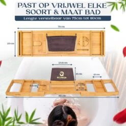 Ecowize Luxe Bamboe Badplank Voor In Bad Met Tablethouder - 100% Natuurlijk Bamboe Badrek Met Boekenhouder - Bad Plank Hout Met Nonslip Grips - Badrekje Voor Bad - Badplankje Uitschuifbaar (75cm Tot 110cm) Met Extra Zeepbakje En Body Brush -Thuis Badkamer 1200x1200 363