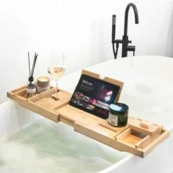 IMoshion Badplank Voor In Bad - Dienblad Inclusief Pootjes - Tablet Houder - Badrek Uitschuifbaar 75 Tot 110 Cm - Lichtbruin -Thuis Badkamer 1200x1200 367