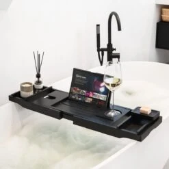 IMoshion Badplank Voor In Bad - Dienblad Inclusief Pootjes - Tablet Houder - Badrek Uitschuifbaar 75 Tot 110 Cm - Zwart -Thuis Badkamer 1200x1200 370