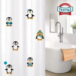 FUNNY PENGUINS - Waterdicht Douchegordijn - Met GRATIS 12 Ringen - Anti-Schimmel Badkamer Gordijn - Wasbaar - 100% Polyester - Pinguins Design - 180X180 CM -Thuis Badkamer 1200x1200 577