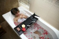 Merkloos Decopatent® Badplank - Uitschuifbaar 75 -> 110 Cm - Verstelbaar Bamboe Badrekje Voor In Bad - Boekenhouder - Tablethouder - Zwart -Thuis Badkamer 1200x800 12