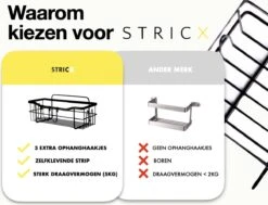 STRICX Doucherek 2 Laags Zwart - Zelfklevend Doucherek Inclusief 3 Ophanghaakjes - Doucherek Voor Badkamer / Keuken - Doucherek Met Plakstrip - Keukenrek Met Plakstrip - Badrek Douche - Kruidenrek Specerijen - Badkamerrek Douchemandje -Thuis Badkamer 1200x920