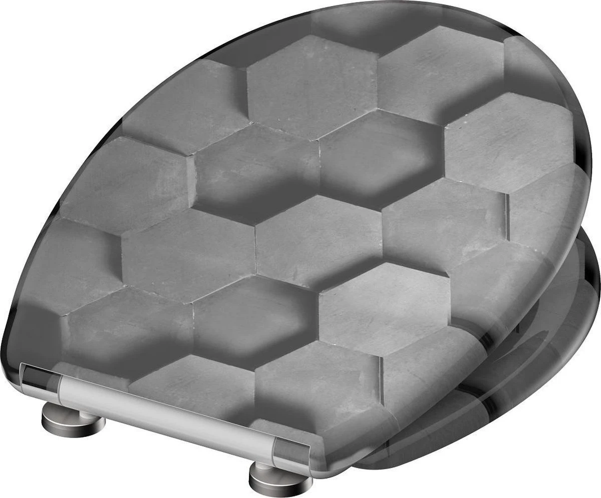SCHÜTTE WC-Bril 82392 GREY HEXAGONS - Duroplast - Soft Close - Afklikbaar - RVS-Scharnieren - Decor - 3-zijdige Print 4 SCHÜTTE WC-Bril 82392 GREY HEXAGONS - Duroplast - Soft Close - Afklikbaar - RVS-Scharnieren - Decor - 3-zijdige Print - Afbeelding 2