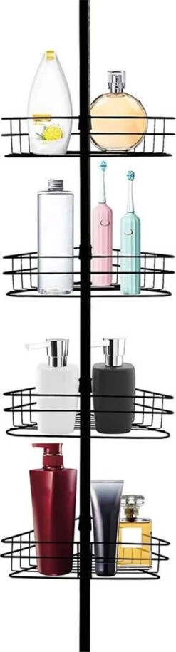 SensaHome Telescopisch Douche Rek Met 4 Lagen - Verstelbaar Bad / Douche Hoekrek Opbergrek - Uitschuifbaar Van 145-250 Cm - Zwart