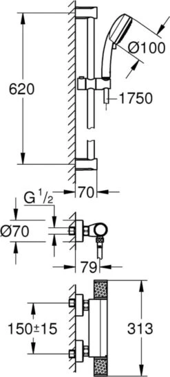 GROHE Grohtherm-1000 Performance Renovatieset - Met Thermostaatkraan, Koppelingen, Glijstang En Hoofddouche - CoolTouch - Chroom -Thuis Badkamer 540x1200