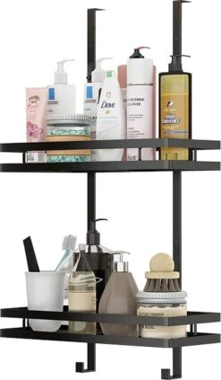 Doucherek Zonder Boren Inclusief Douchewisser - Aan Douchewand - Zwart - Ophangbaar - Zuignap - 2 Laags - Wiper - Shower Rack - Valentijnsdag Cadeau -Thuis Badkamer 701x1200