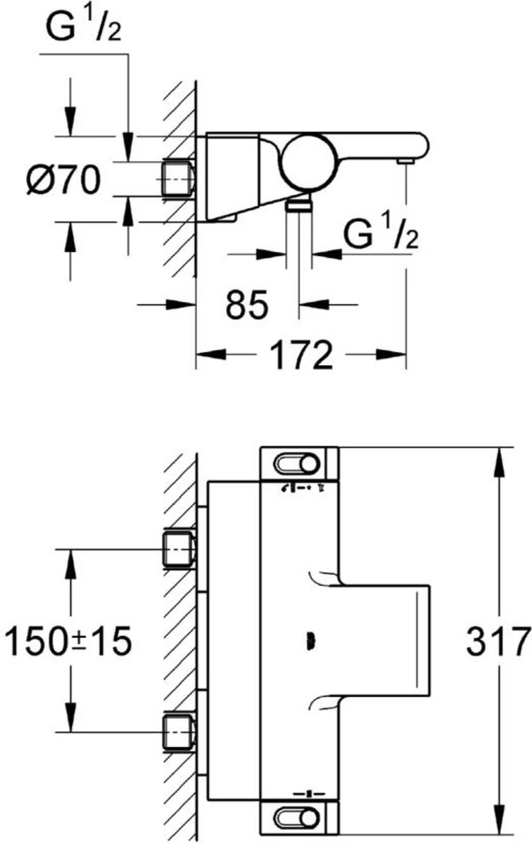 GROHE Grohtherm 2000 New Thermostatische Badkraan - 15cm - CoolTouch - Met Tray - Chroom - 34464001 4 GROHE Grohtherm 2000 New Thermostatische Badkraan - 15cm - CoolTouch - Met Tray - Chroom - 34464001 - Afbeelding 2